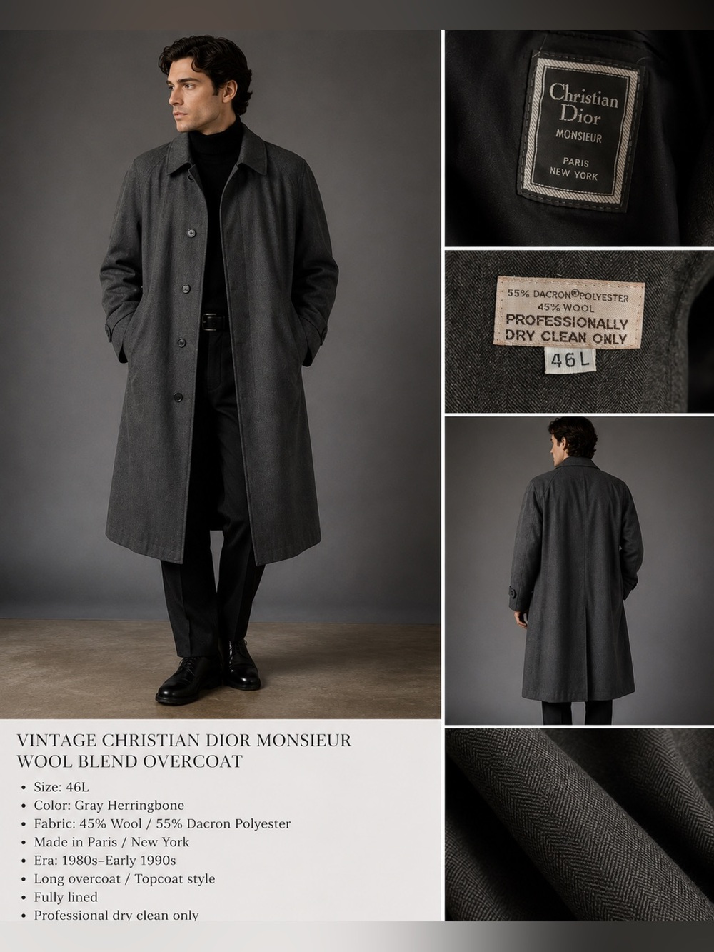 Vintage Christian Dior Monsieur Wool Blend Overcoat 46L Gray Herringbone Coat